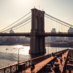 A sweeping vista of the iconic Brooklyn Bridge, its majestic Gothic-inspired arches casting dramatic shadows across the East River. Sunlight glints off the sturdy steel cables and granite towers, the bridge's rich history palpable in every detail. In the foreground, horse-drawn carriages and early automobiles cross the span, while in the background, the bustling cityscape of Lower Manhattan rises up, a testament to the bridge's transformative role in connecting communities. The scene is infused with a sense of timeless grandeur, inviting the viewer to imagine the bridge's storied past - from its ambitious conception to its painstaking construction, a marvel of 19th-century engineering that would forever alter the course of New York City.