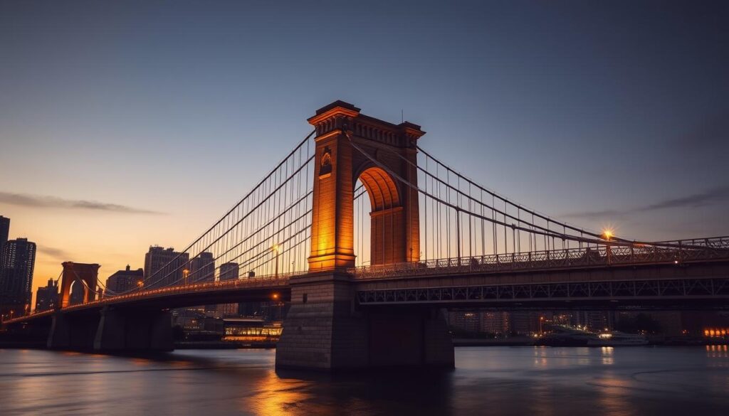 Picturesque-Brooklyn-Bridge-at-Twilight-A-Masterpiece-of-19th-Century-Engineering.-Graceful-1024x585 Explore the Iconic Brooklyn Bridge